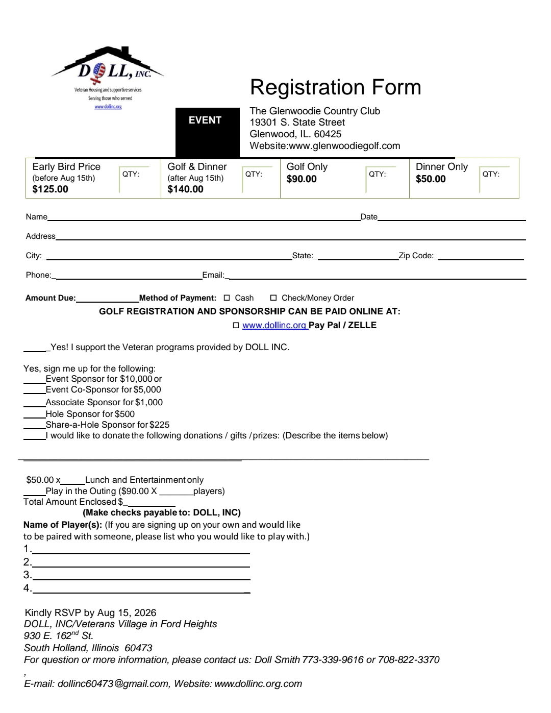 Updated Golf Outing Registration Form